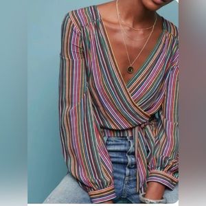 Anthropologie Maeve Lisa Striped Tie Front Blouse